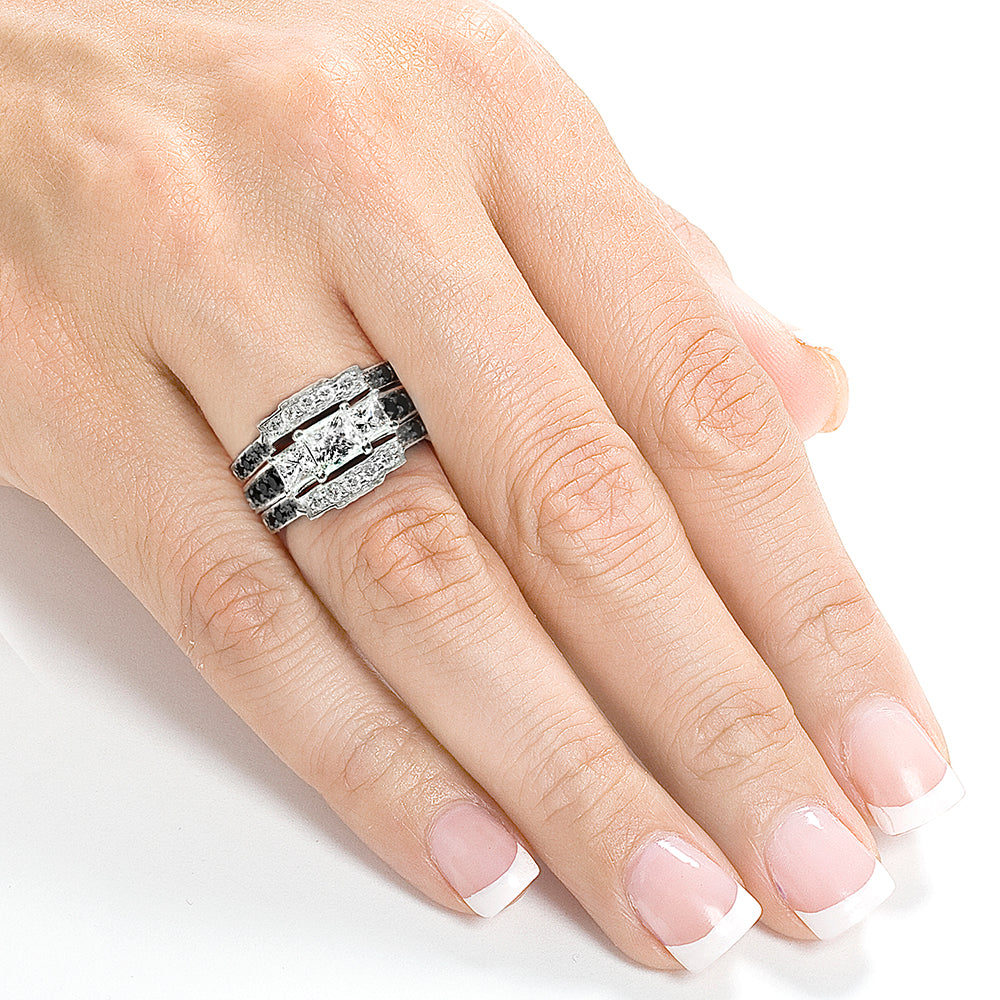 1.88 Carat Black & White Natural Diamond 3pc Josephine Bridal Set