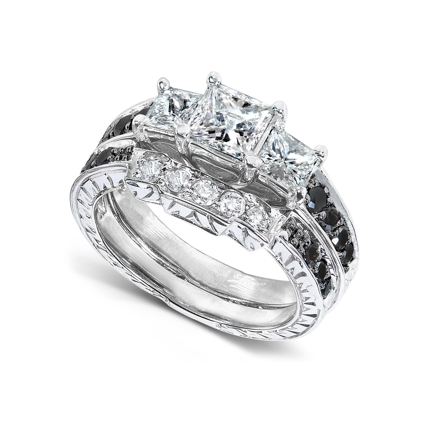 1.6 Carat Black & White Natural Diamond Josephine Bridal Set
