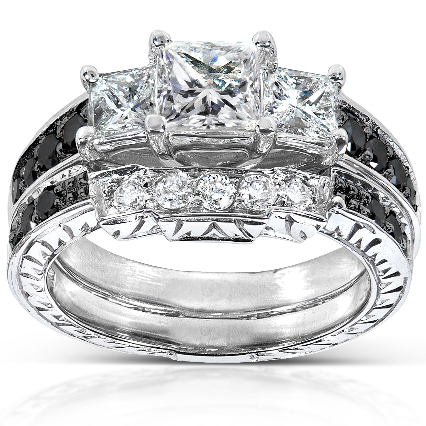 1.6 Carat Black & White Natural Diamond Josephine Bridal Set