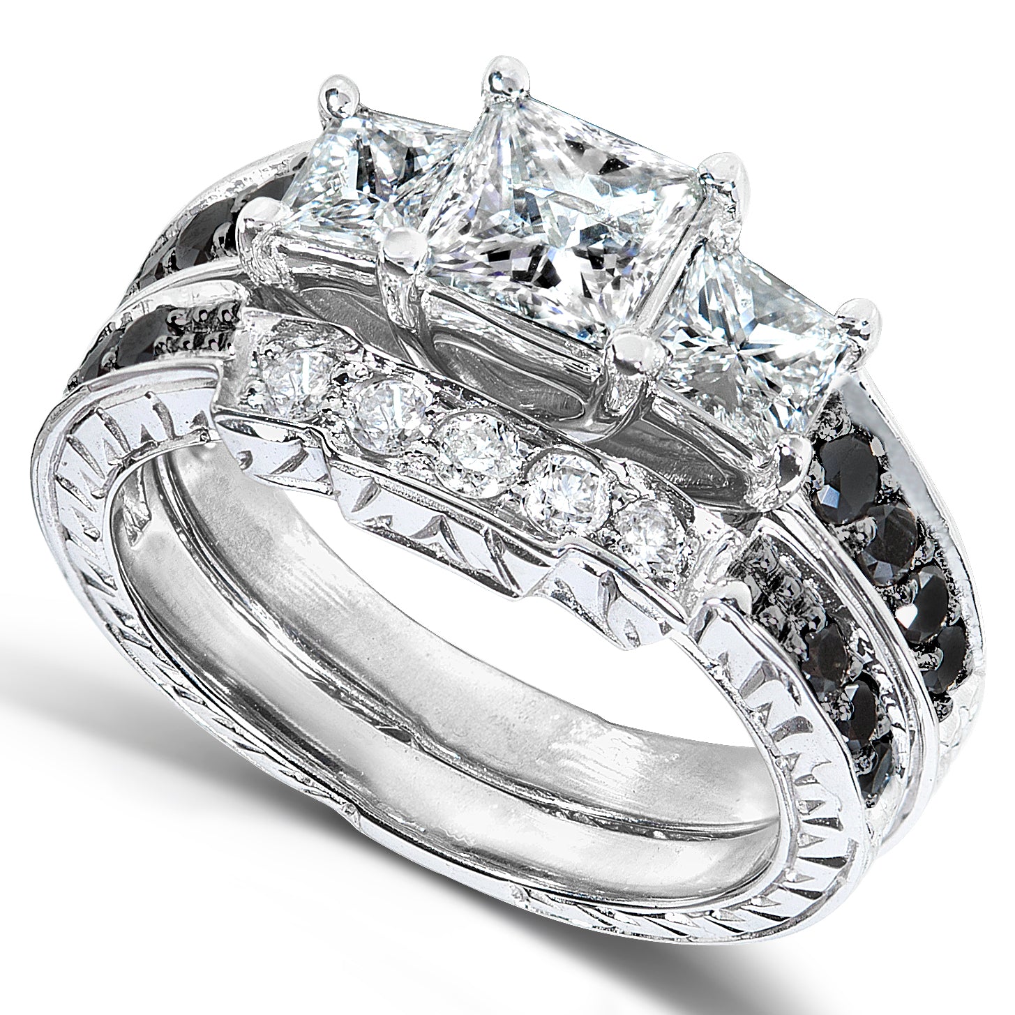 1.6 Carat Black & White Natural Diamond Josephine Bridal Set