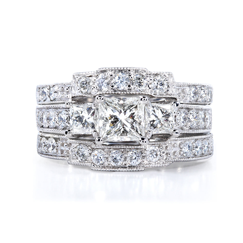 1.85 Carat Natural Diamond 3pc Josephine Bridal Set
