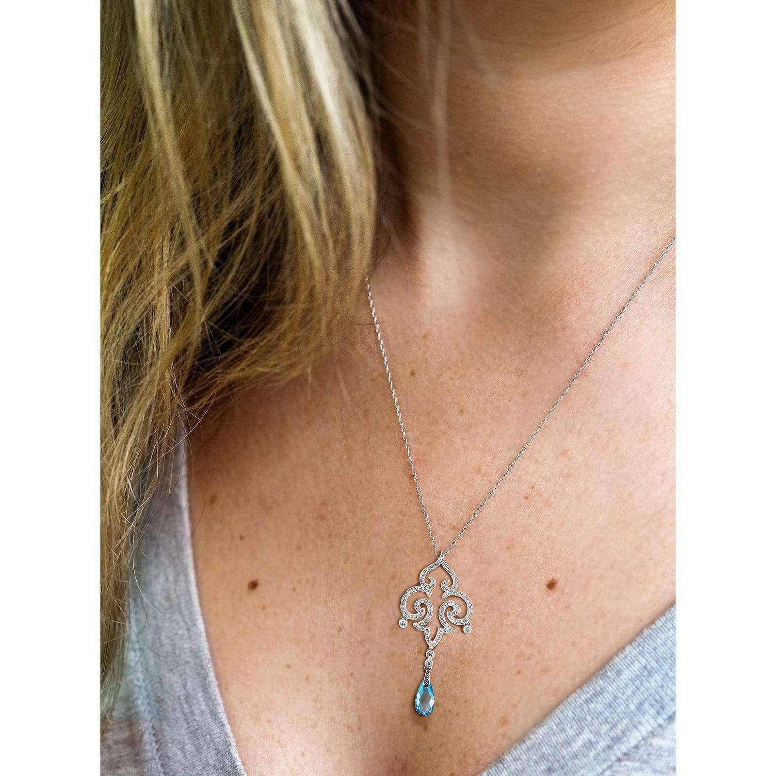 Kobelli Pear Briolette Blue Topaz and Diamond Vintage Filigree Pendant Necklace C110BTX