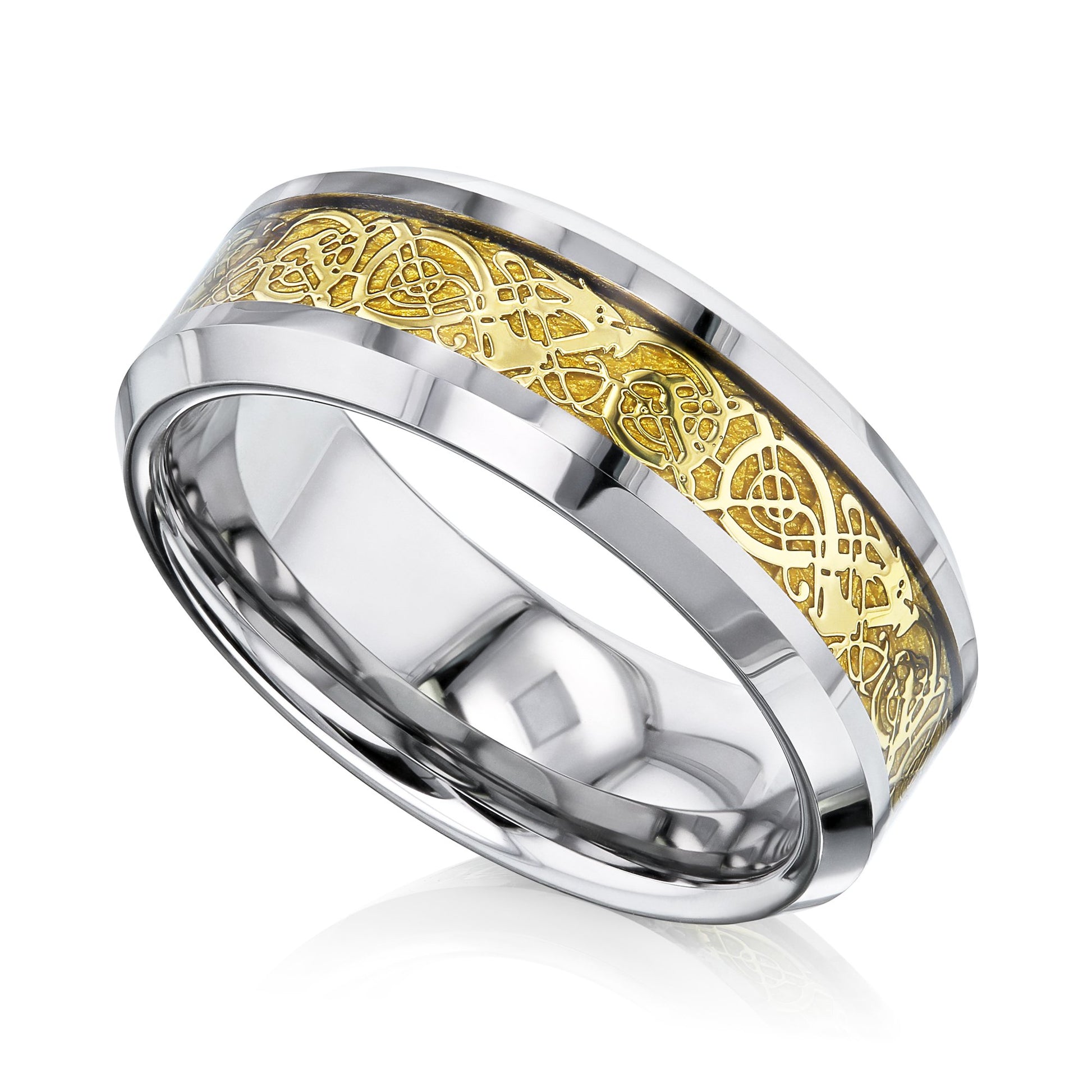 Kobelli Gold Celtic Dragon Beveled Tungsten Mens Ring 