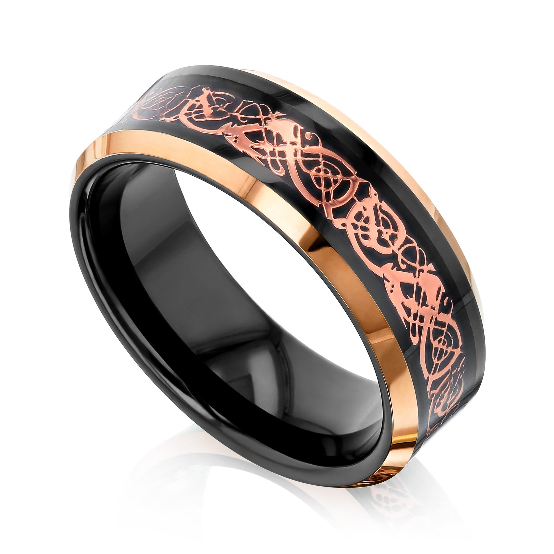 Kobelli Black and Rose Celtic Dragon Beveled Tungsten Mens Ring 