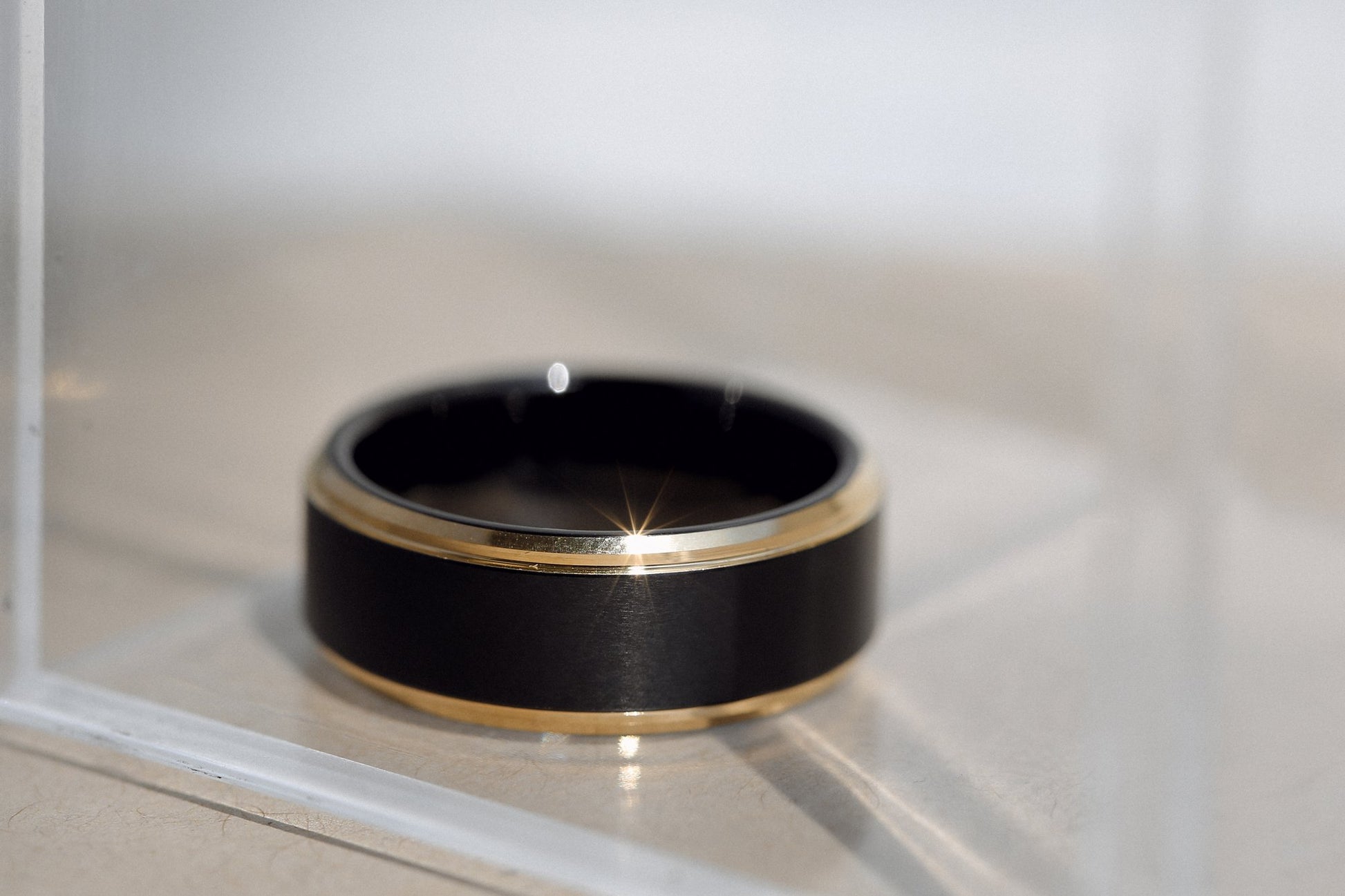 Kobelli 8mm Two Tone Matte Black and Yellow Edge Mens Ring