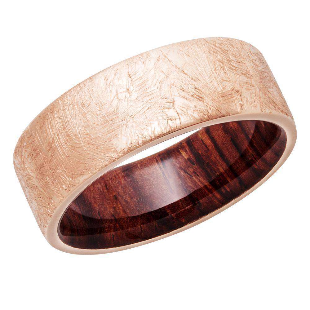 Kobelli Rustic 14k Coarse Brush Textured Rose Gold 8mm Band with Natcoco Hardwood Sleeve