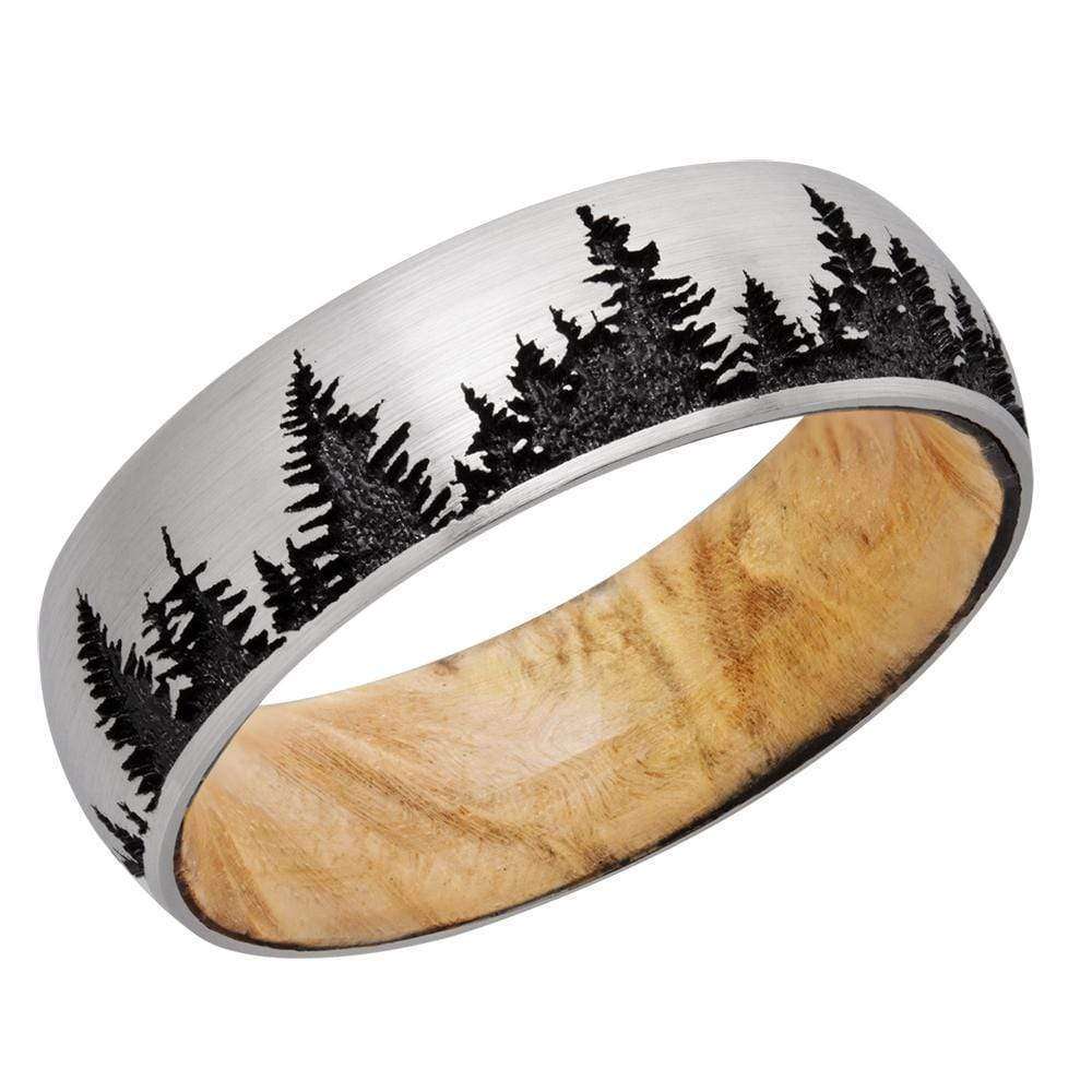 Kobelli Cobalt Chrome 7mm Domed Band with Laser Carved Tree Pattern and Boxelder Burl Hardwood Sleeve