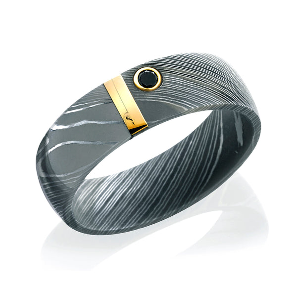 Kobelli Damascus Steel 7mm Domed Band with 2mm 14K Yellow Gold Vertical Inlay and Black Diamond