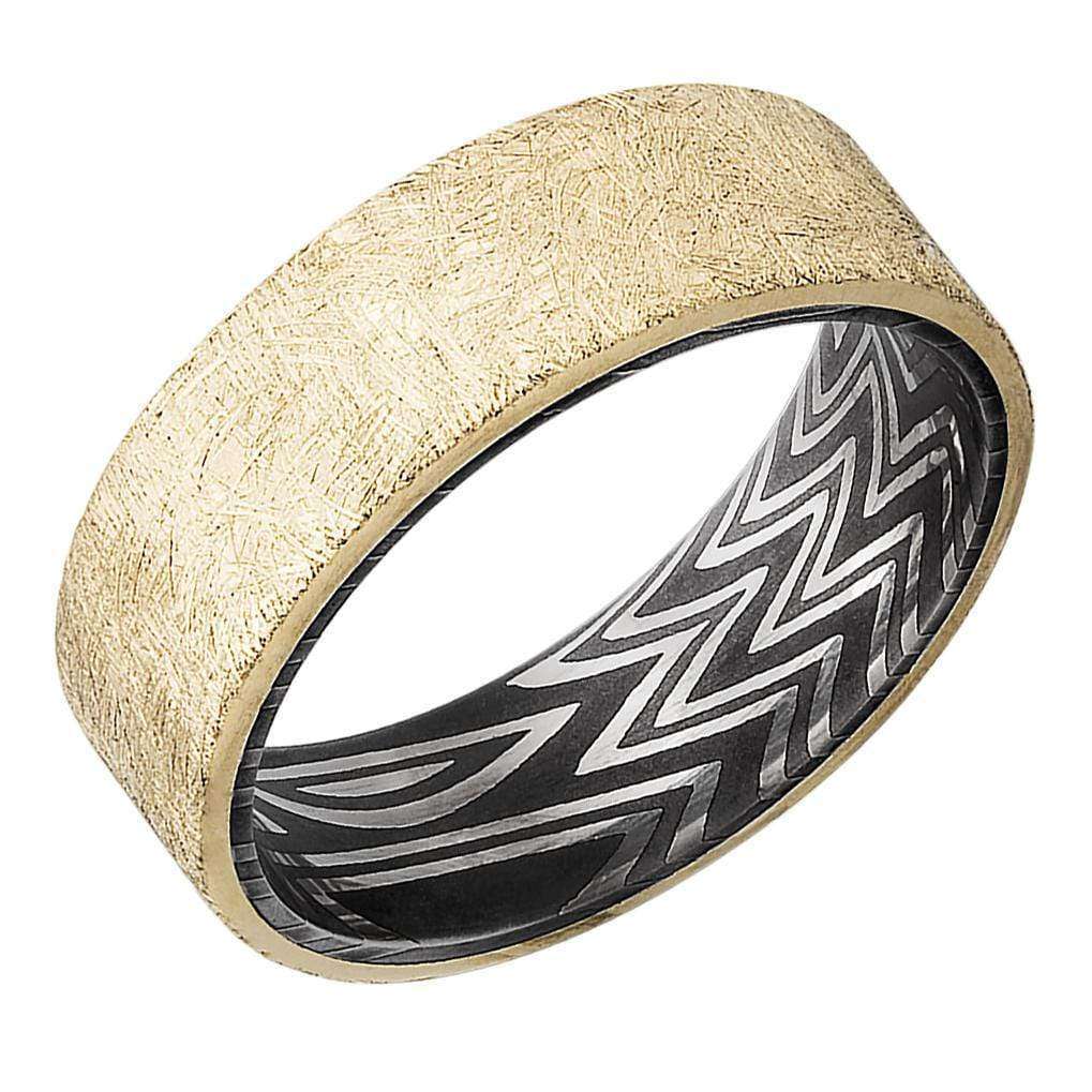 Kobelli Coarse Brush Finish 14K Yellow Gold with Exotic Zebra Patterned Damascus Steel Sleeve