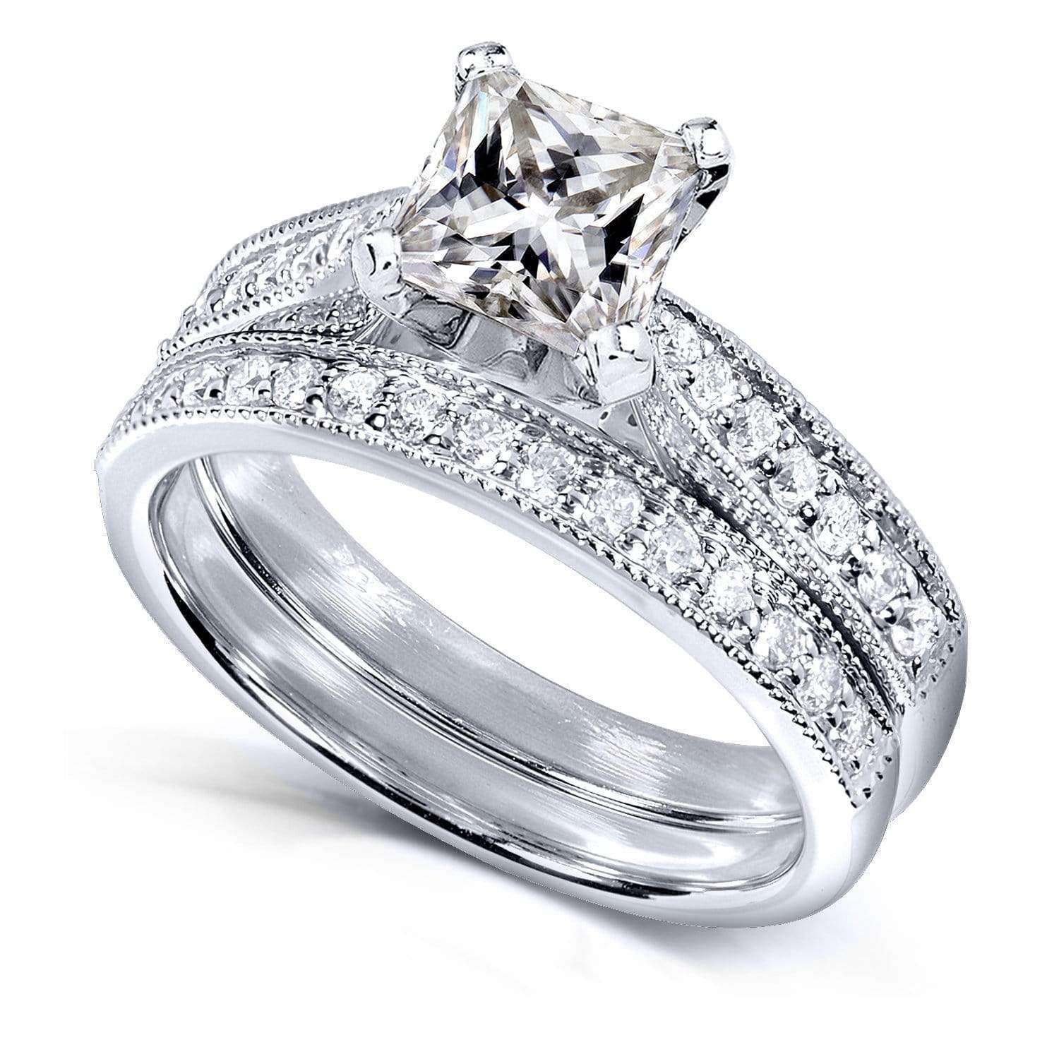 Kobelli Princess Moissanite and Diamond Vintage Bridal Set 1 4/5 CTW 14k White Gold