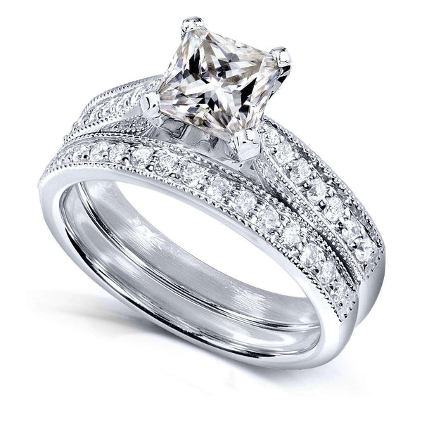 Kobelli Princess Moissanite and Diamond Vintage Bridal Set 1 4/5 CTW 14k White Gold