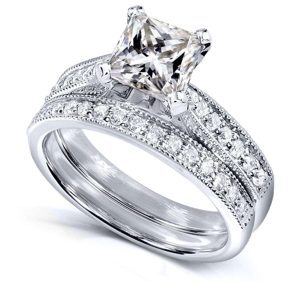 Kobelli Princess Moissanite and Diamond Vintage Bridal Set 2 1/8 CTW 14k White Gold