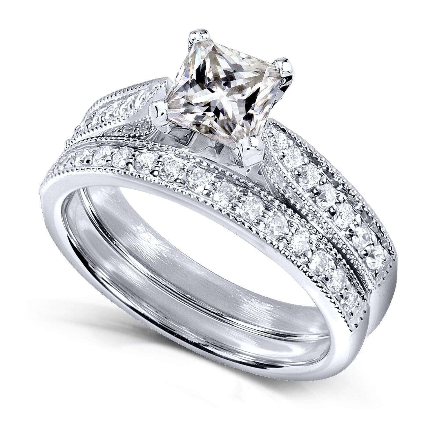 Kobelli Princess Moissanite and Diamond Vintage Bridal Set 1 1/4 CTW 14k White Gold