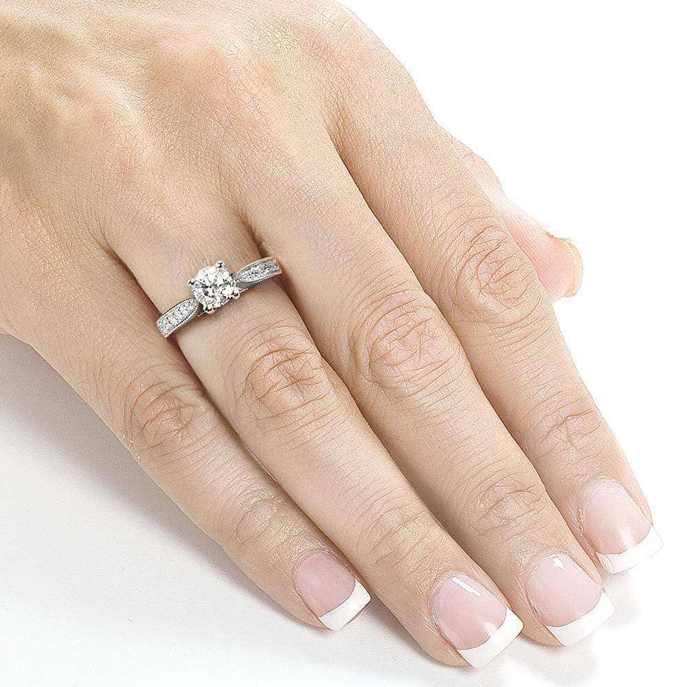 Kobelli Round Moissanite and Diamond Pave Milgrain Ring 1 1/6 CTW 14k White Gold