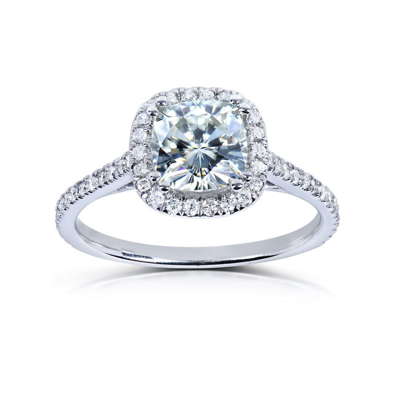 Cushion Moissanite and Natural Diamond Halo Ring - Forever One Colorless