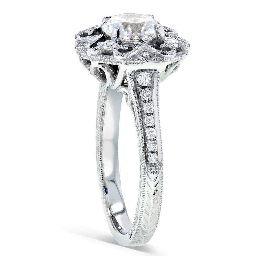 Kobelli Antique Round Moissanite Engagement Ring with Diamond 1 1/5 CTW 14k White Gold