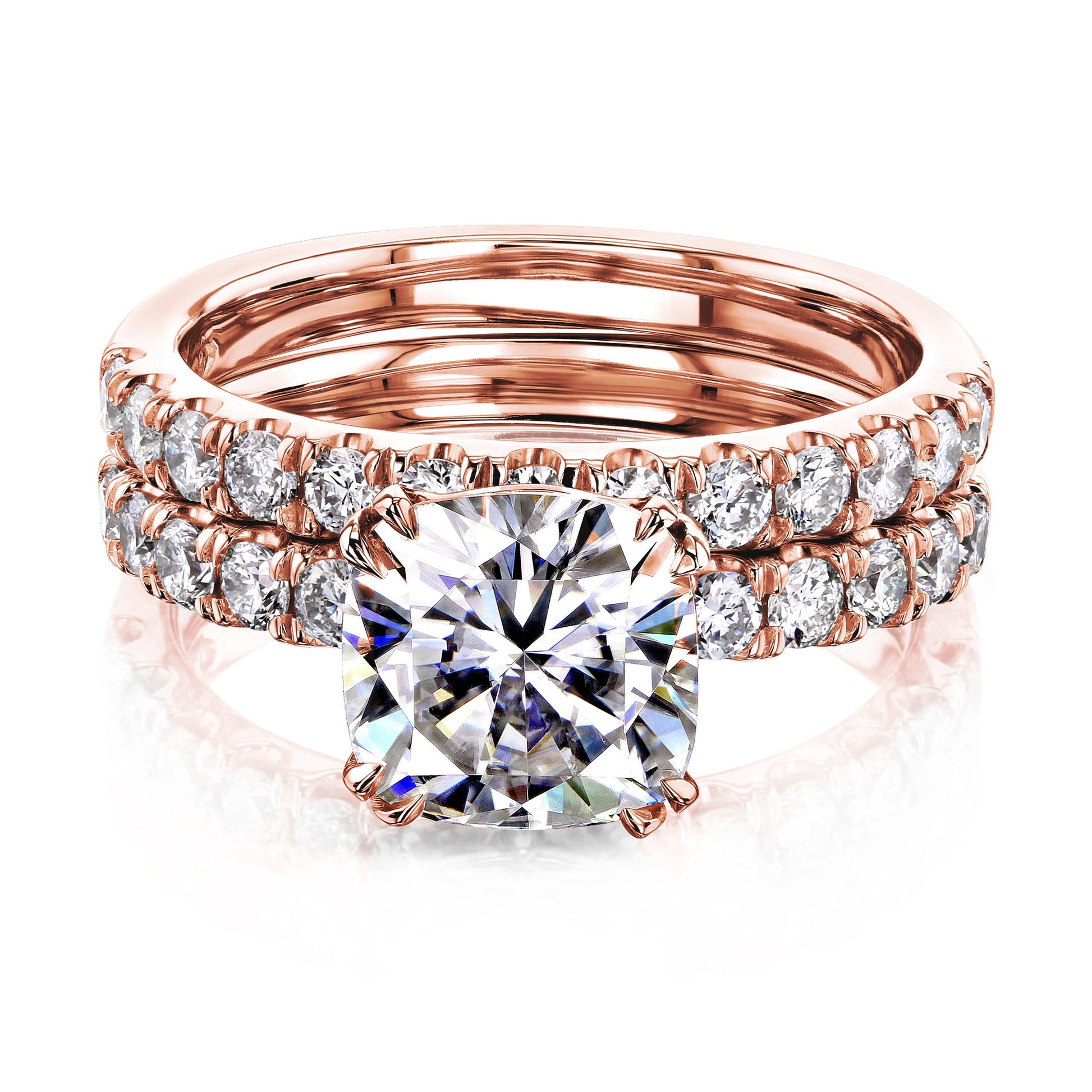 Kobelli 2ct Cushion Moissanite and Diamond U-French Pave Bridal Set 14k Gold