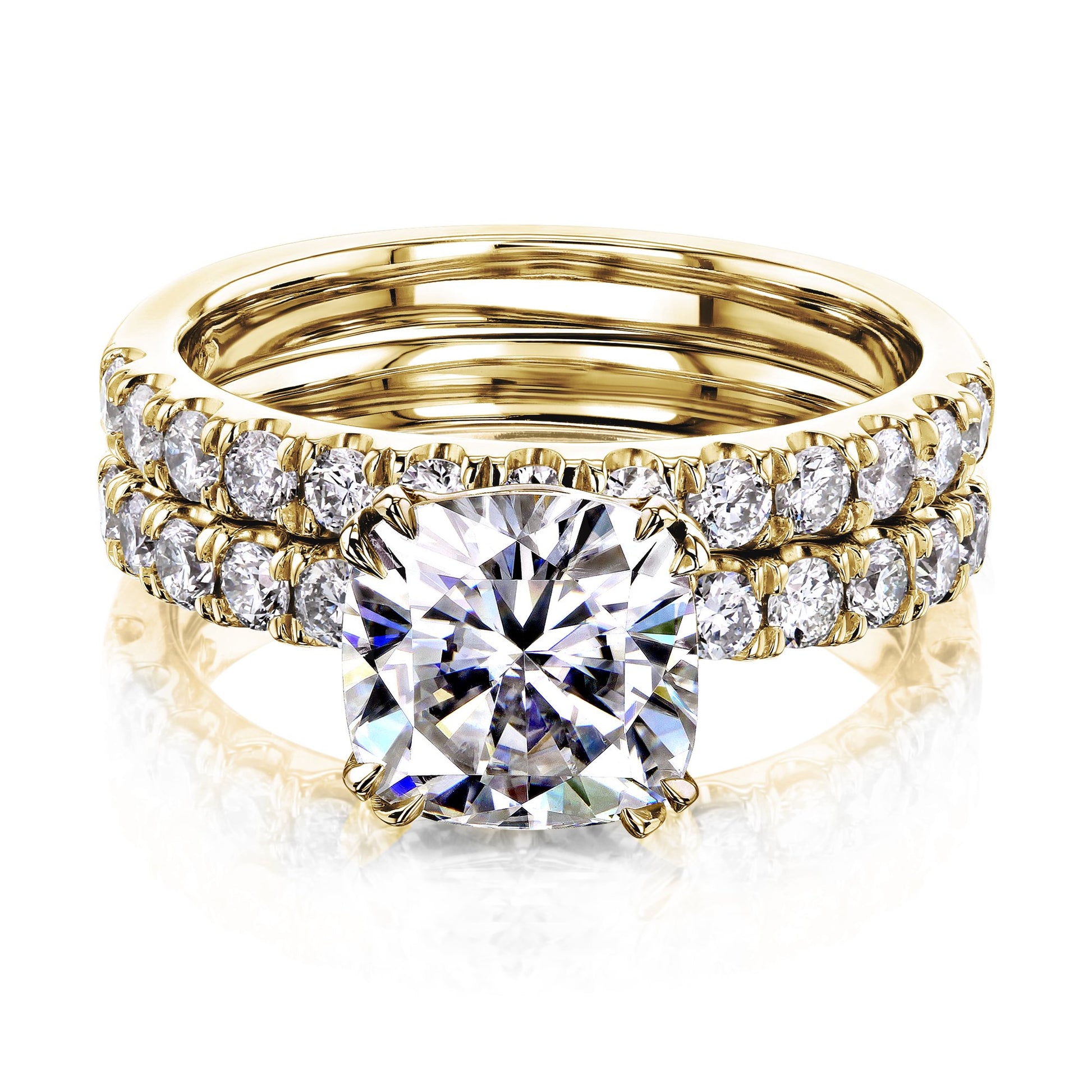 Kobelli 2ct Cushion Moissanite and Diamond U-French Pave Bridal Set 14k Gold