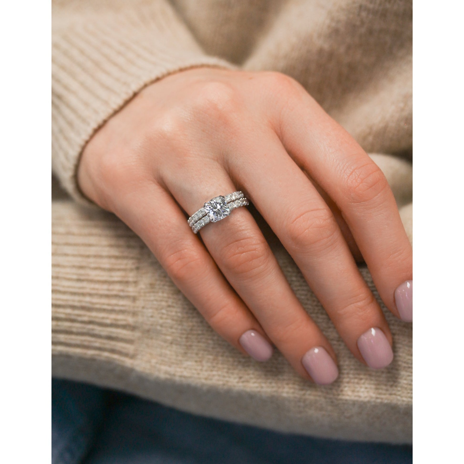 Kobelli 2ct Cushion Moissanite and Diamond U-French Pave Bridal Set 14k Gold