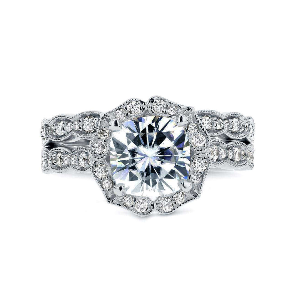 2.15 Carat Moissanite Cushion Rose Ruffle Bridal Set