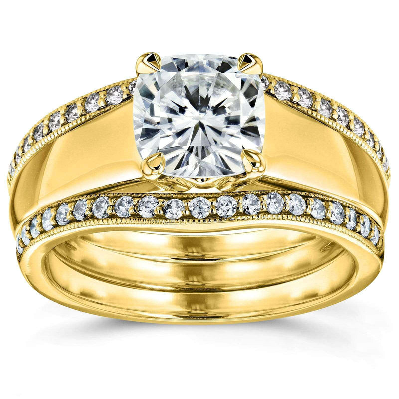 Kobelli Cushion Moissanite Solitaire and Diamond Double Bands 3-Piece Set 1 2/5 CTW in 14k Yellow Gold