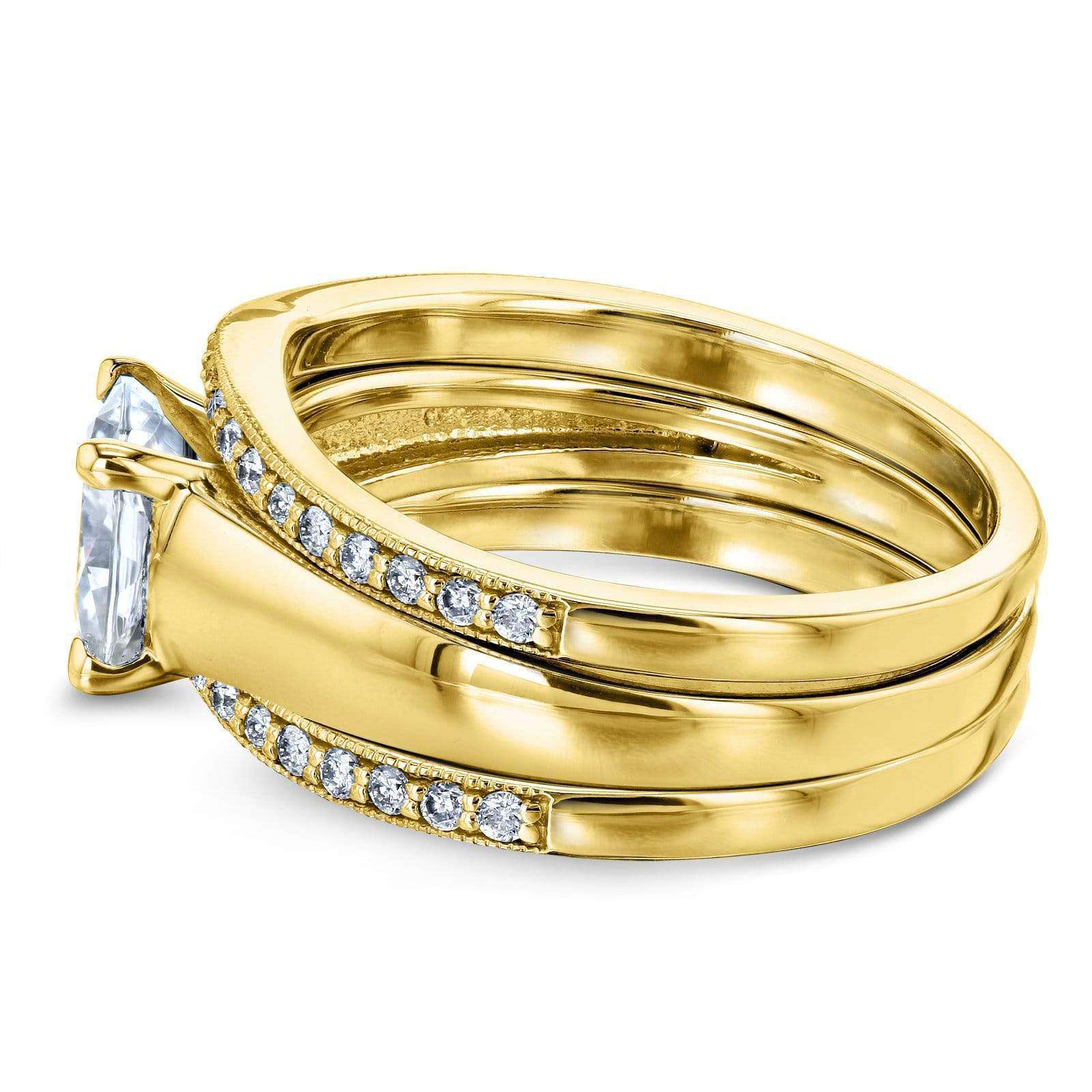 Kobelli Cushion Moissanite Solitaire and Diamond Double Bands 3-Piece Set 1 2/5 CTW in 14k Yellow Gold