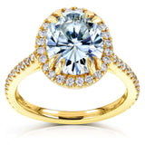 Kobelli Ovaler Verlobungsring mit Moissanit und Halo-Diamant, 3 2/5 CTW in 14 Karat Gelbgold