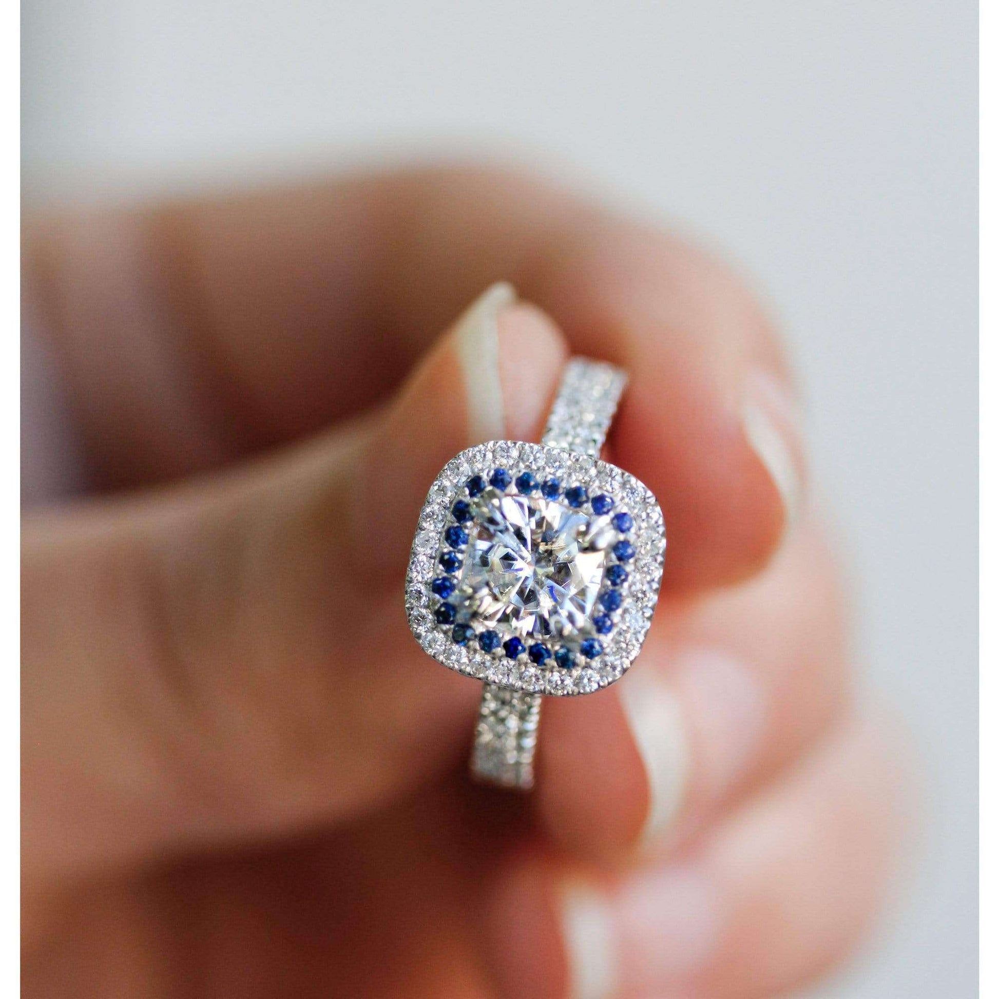 Kobelli 2 Carat TW Moissanite with Diamond and Sapphire Cushion Halo Engagement Ring in 14k White Gold