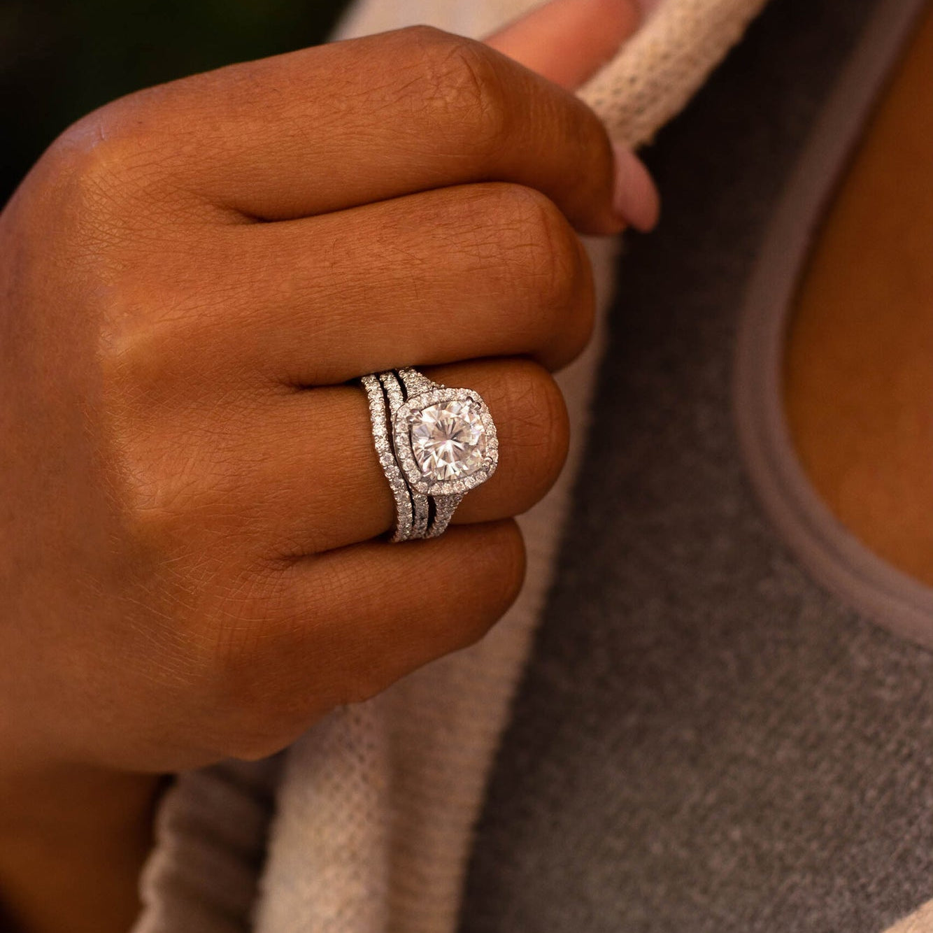 Kobelli Halo Cushion Moissanite and Diamond Split Shank Cathedral Engagement Ring and Wedding Band