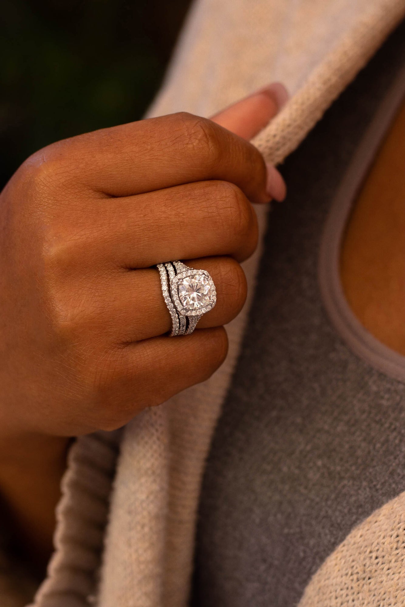 Kobelli Halo Cushion Moissanite and Diamond Split Shank Cathedral Engagement Ring and Wedding Band