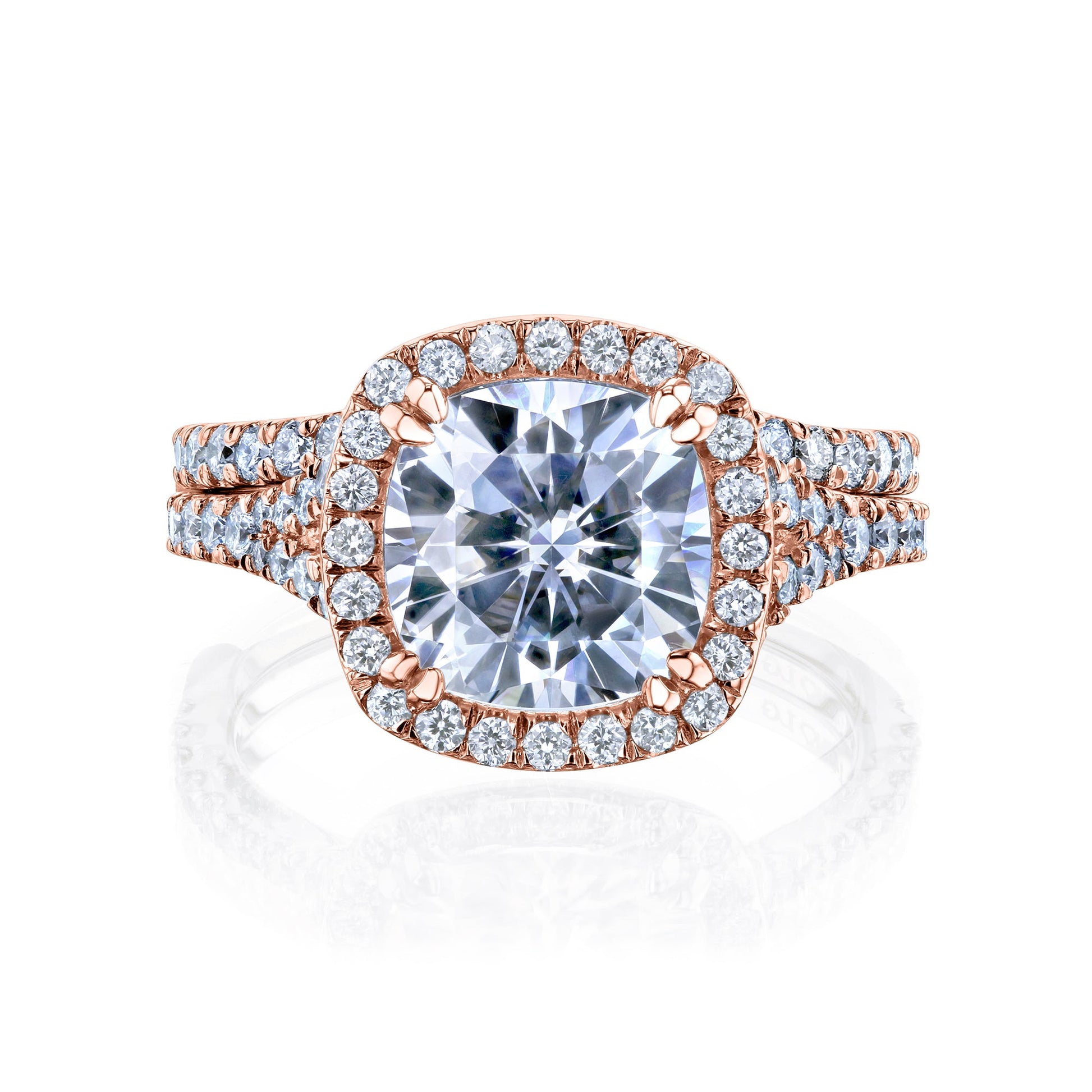 Kobelli Halo Cushion Moissanite and Diamond Split Shank Cathedral Engagement Ring and Wedding Band