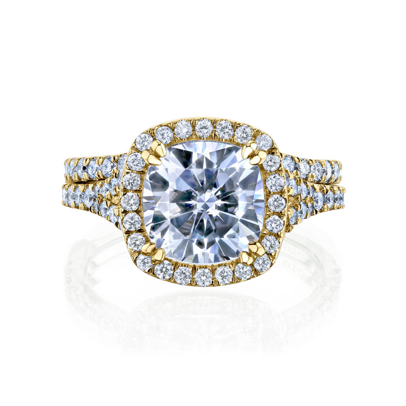 Kobelli Halo Cushion Moissanite and Diamond Split Shank Cathedral Engagement Ring and Wedding Band