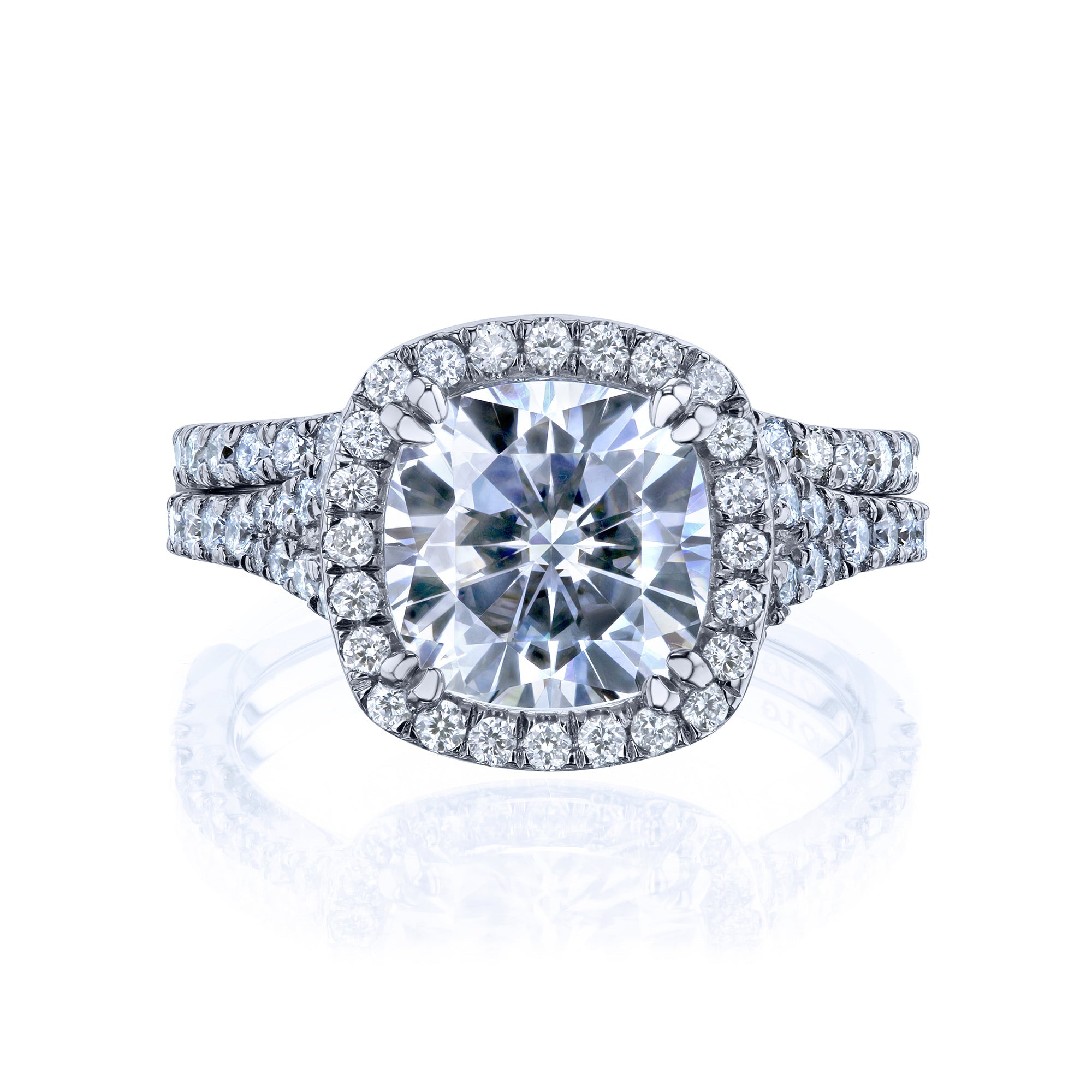 Kobelli Halo Cushion Moissanite and Diamond Split Shank Cathedral Engagement Ring and Wedding Band
