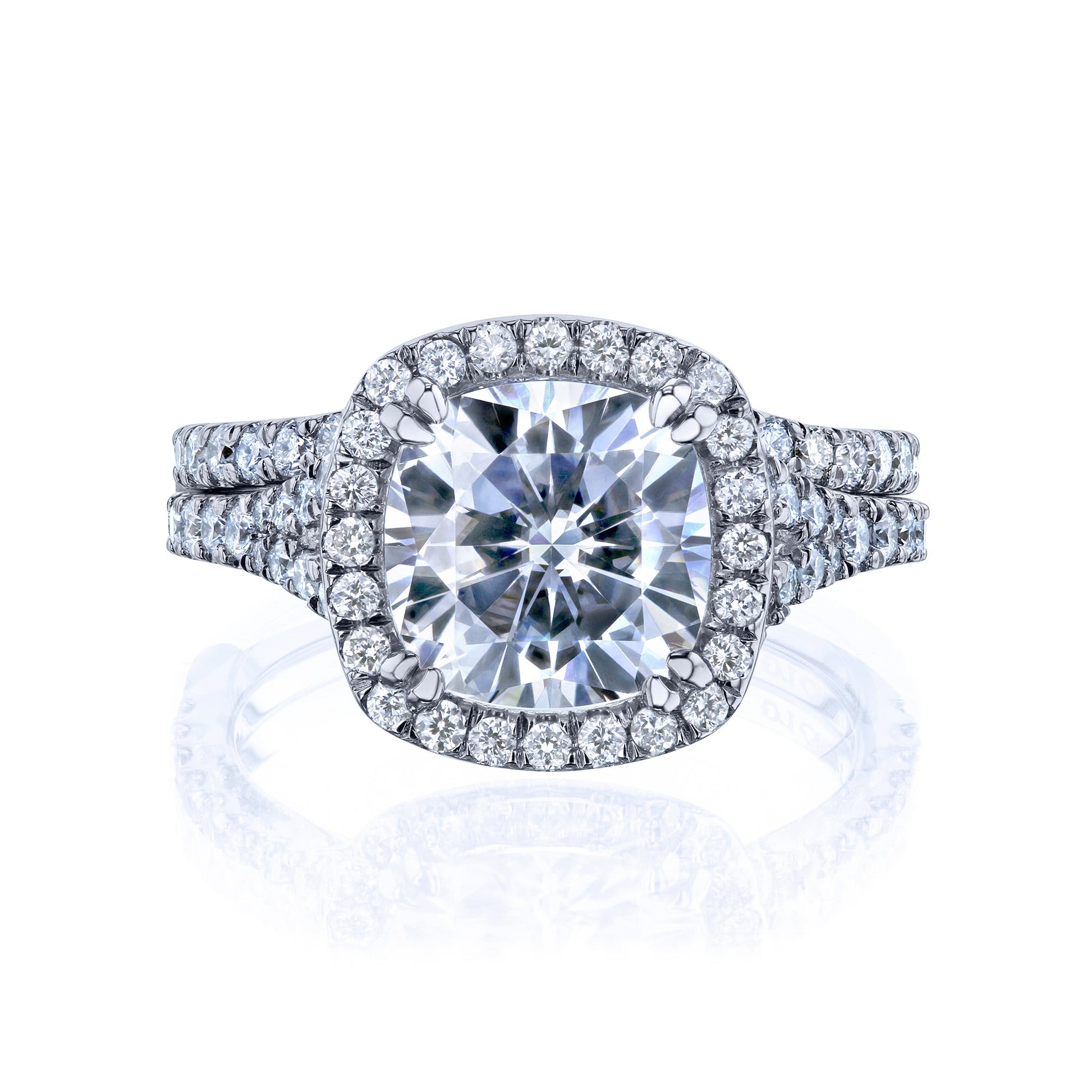 Kobelli Halo Cushion Moissanite and Diamond Split Shank Cathedral Engagement Ring and Wedding Band