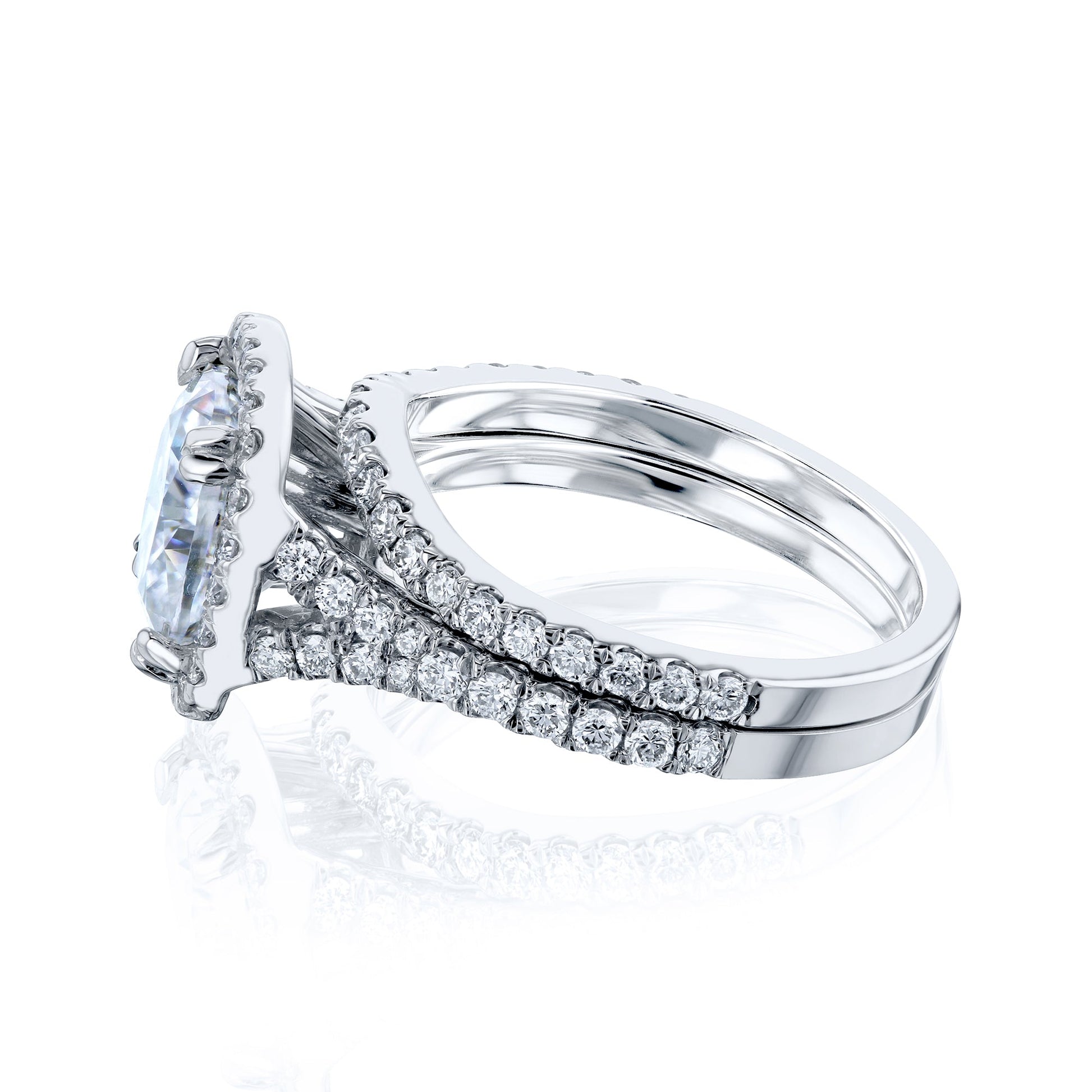 Kobelli Halo Cushion Moissanite and Diamond Split Shank Cathedral Engagement Ring and Wedding Band