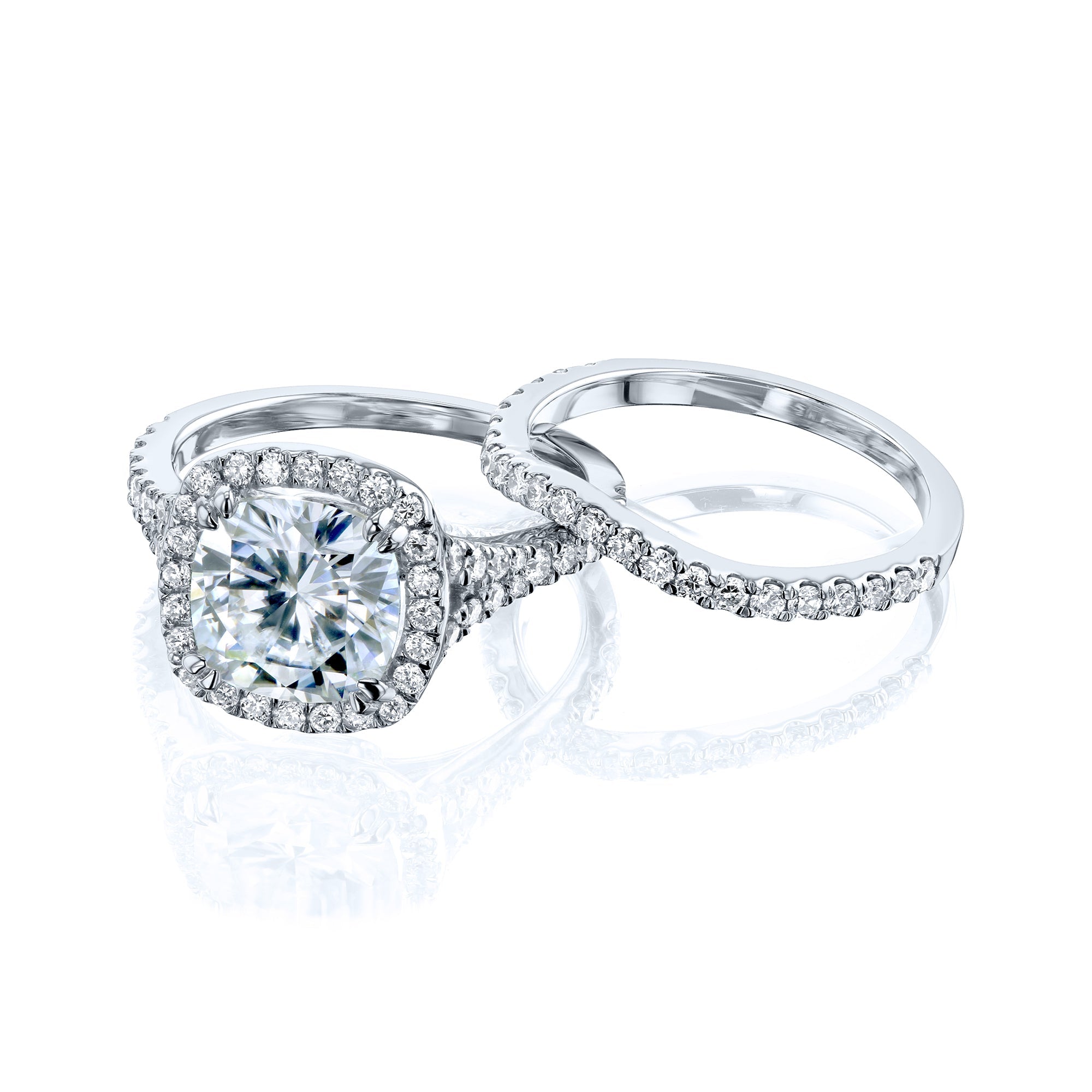Kobelli Halo Cushion Moissanite and Diamond Split Shank Cathedral Engagement Ring and Wedding Band
