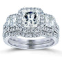 Kobelli Princess Moissanite and Diamond Halo 3-Stone Bridal Rings Set 3 1/10 CTW 14k White Gold