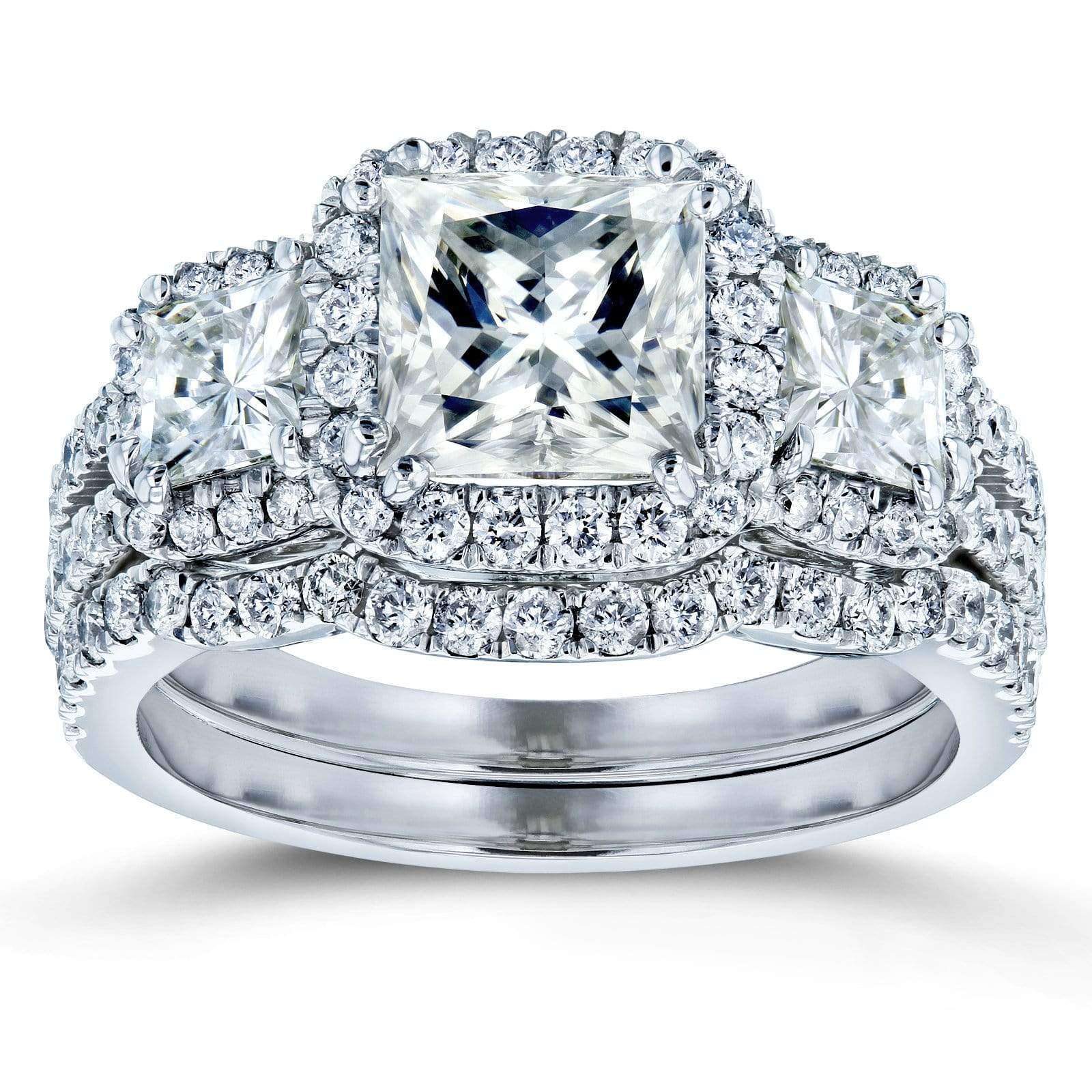 Kobelli Princess Moissanite and Diamond Halo 3-Stone Bridal Rings Set 3 1/10 CTW 14k White Gold