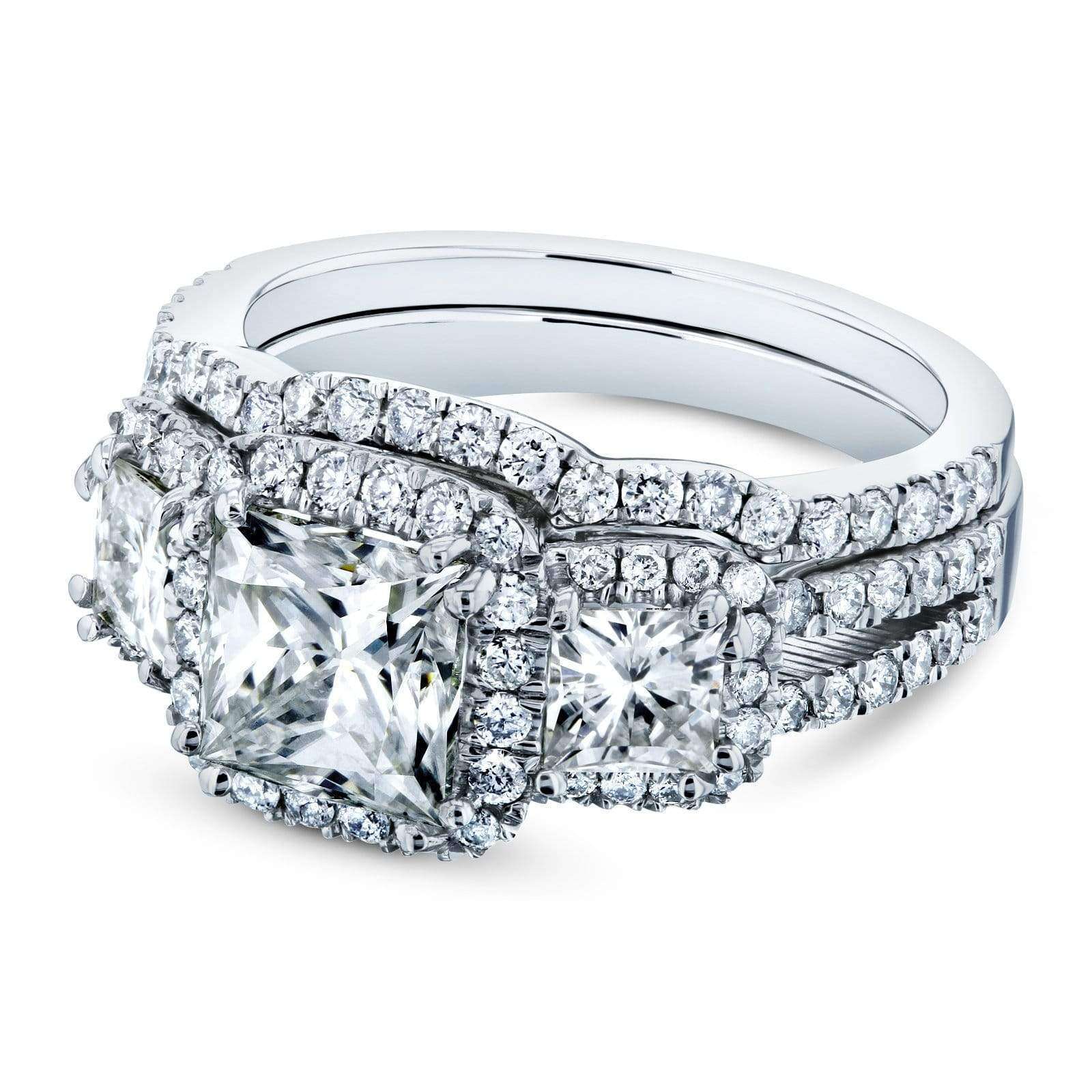 Kobelli Princess Moissanite and Diamond Halo 3-Stone Bridal Rings Set 3 1/10 CTW 14k White Gold