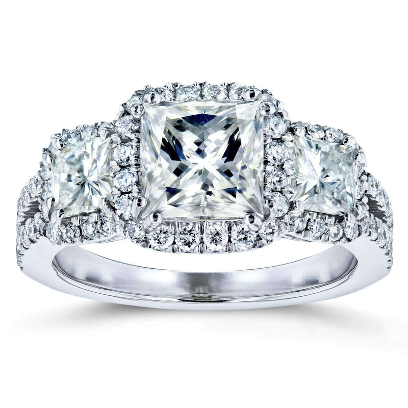 Kobelli Princess Moissanite and Diamond Halo 3-Stone Engagement Ring 2 4/5 CTW 14k White Gold