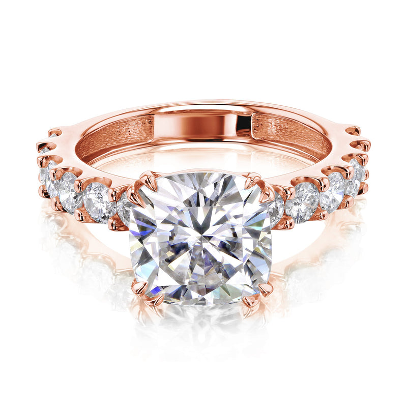 Kobelli 3-5/8 Carat Cushion Moissanite and Natural White Diamond Clean U-Prong Engagement Ring in 14k Gold