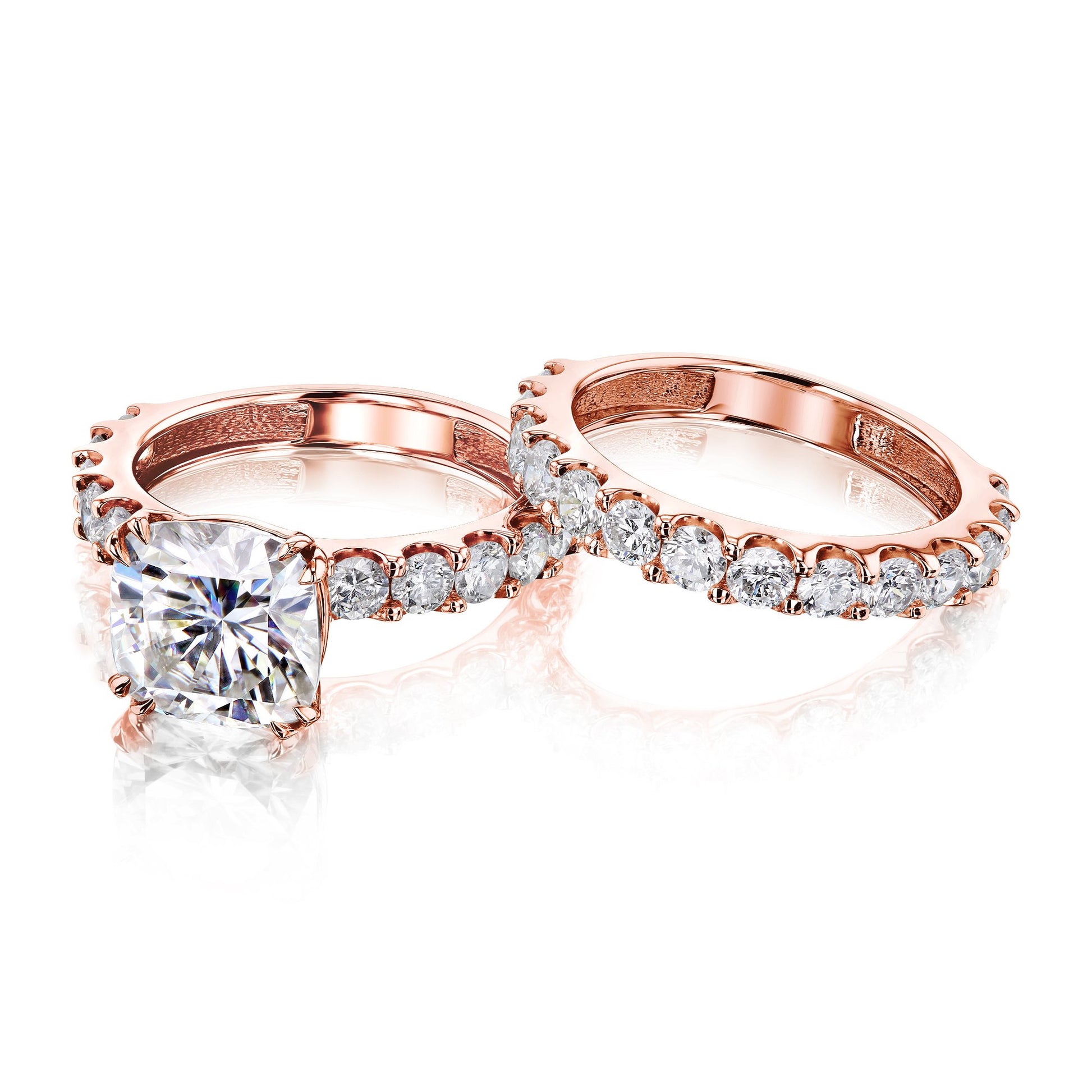 Kobelli 4-5/8 Carat Cushion Moissanite and Natural White Diamond Clean Shared U-Prong Bridal Set in 14k Gold