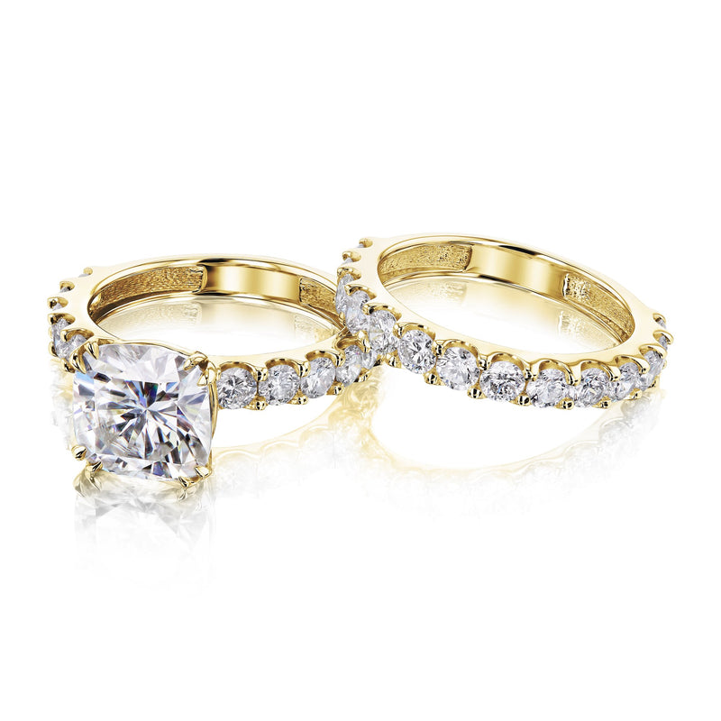 Kobelli 4-5/8 Carat Cushion Moissanite and Natural White Diamond Clean Shared U-Prong Bridal Set in 14k Gold