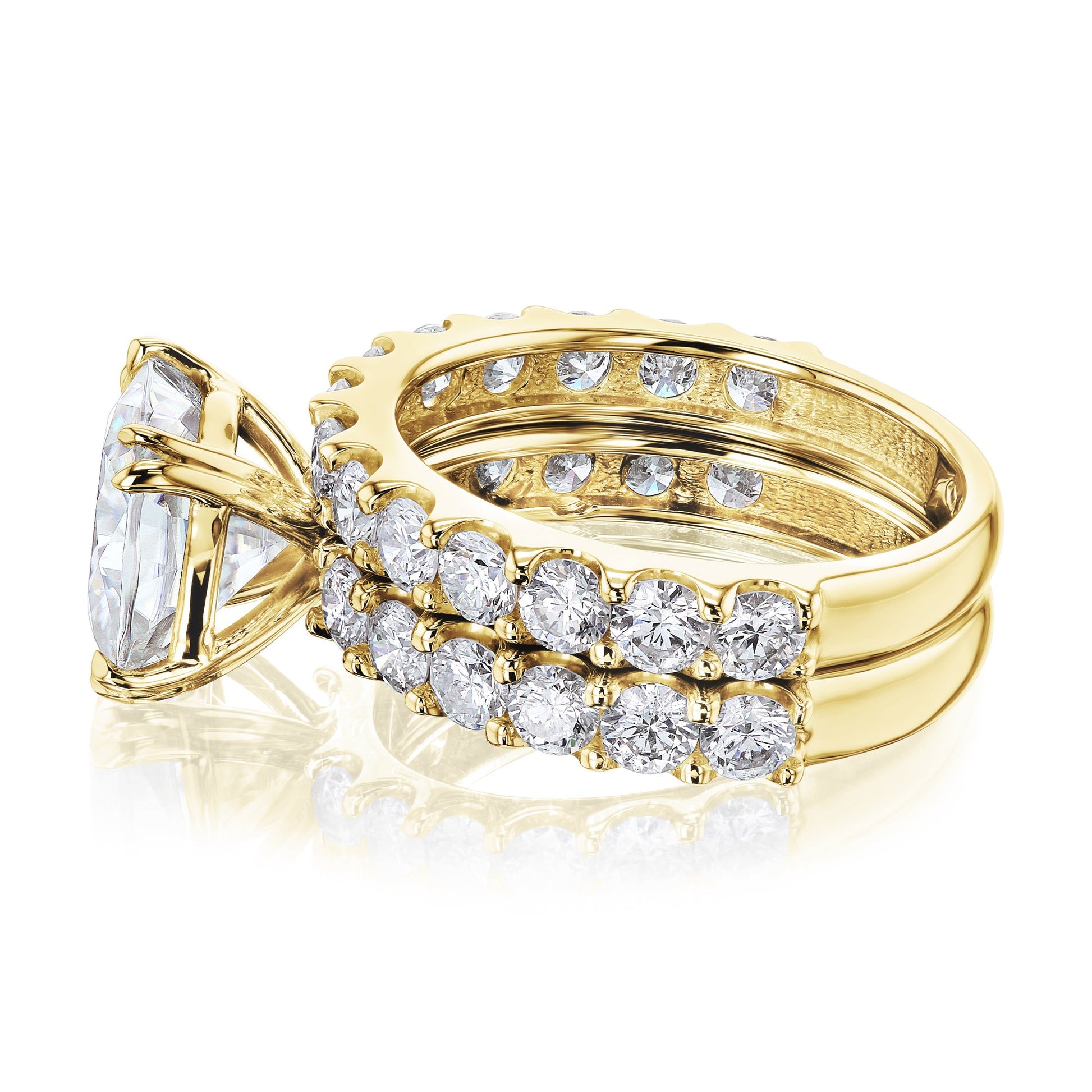 Kobelli 4-5/8 Carat Cushion Moissanite and Natural White Diamond Clean Shared U-Prong Bridal Set in 14k Gold