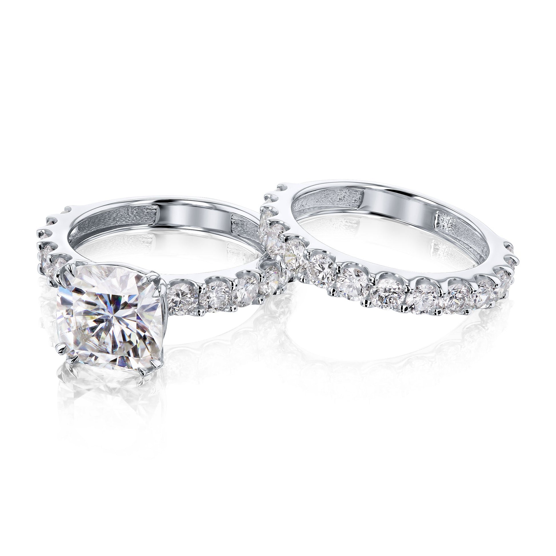 Kobelli 4-5/8 Carat Cushion Moissanite and Natural White Diamond Clean Shared U-Prong Bridal Set in 14k Gold