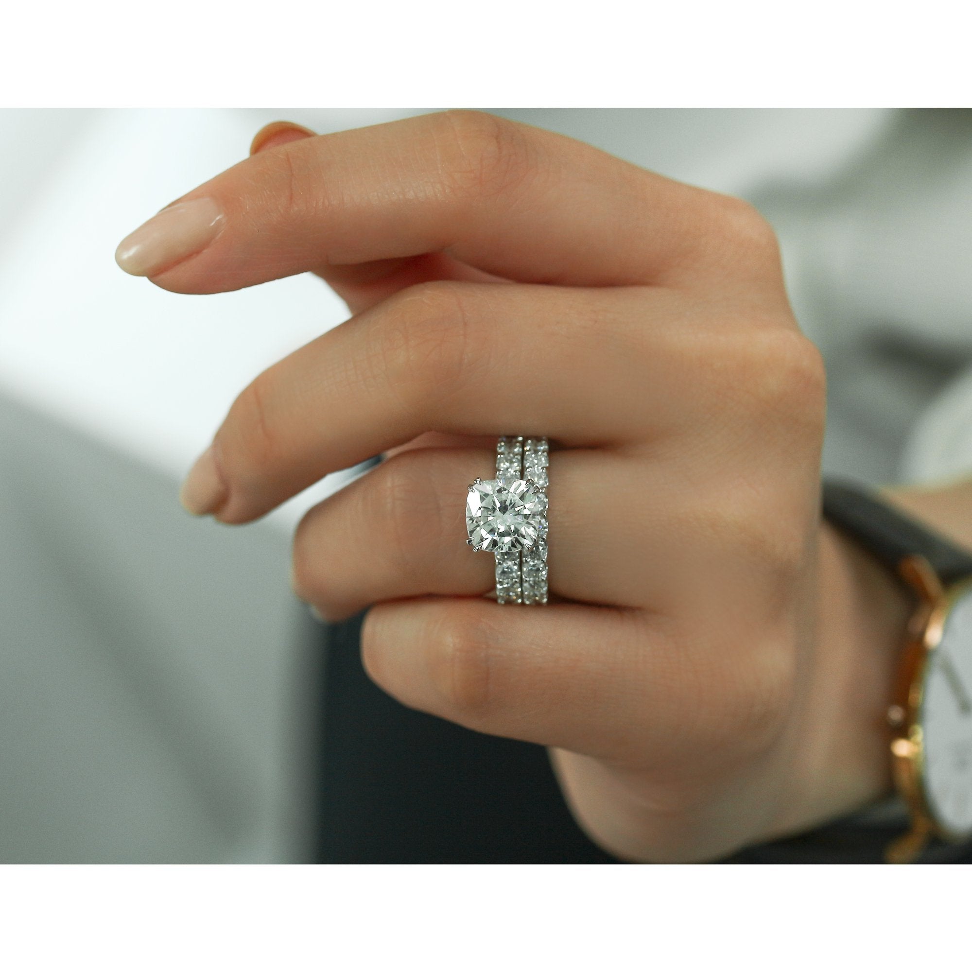 Kobelli 4-5/8 Carat Cushion Moissanite and Natural White Diamond Clean Shared U-Prong Bridal Set in 14k Gold