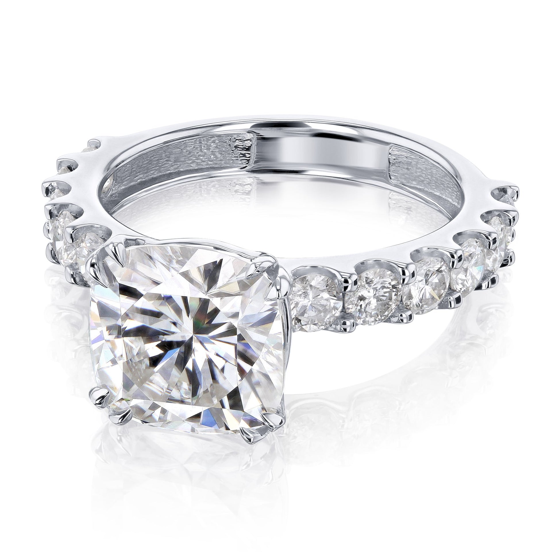 Kobelli 3-5/8 Carat Cushion Moissanite and Natural White Diamond Clean U-Prong Engagement Ring in 14k Gold