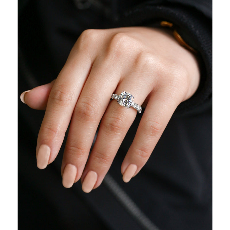 Kobelli 3-5/8 Carat Cushion Moissanite and Natural White Diamond Clean U-Prong Engagement Ring in 14k Gold