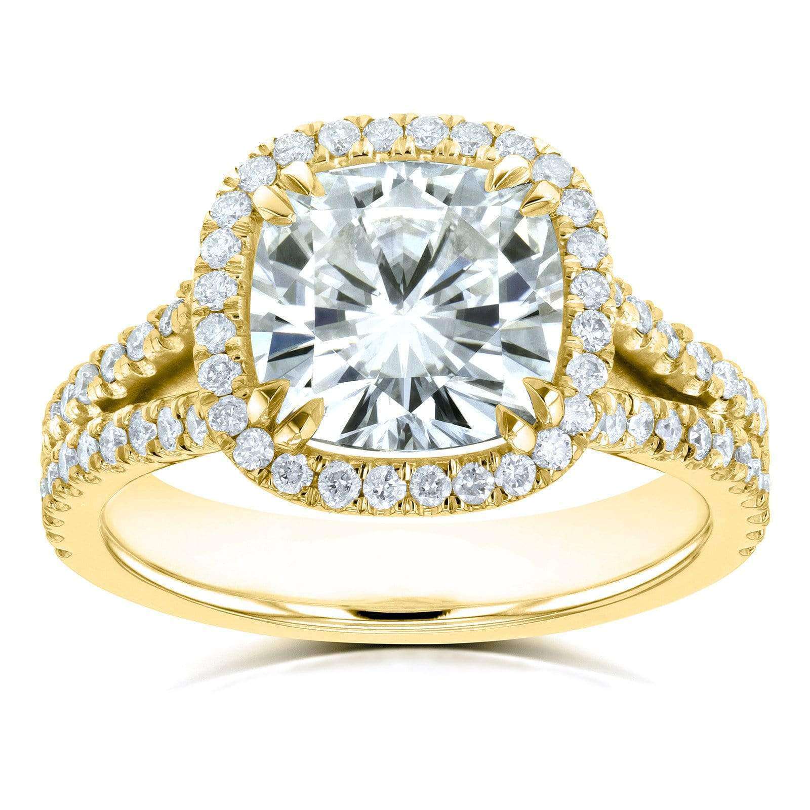 Kobelli Cushion H-I Moissanite with Diamond Split Shank Halo Engagement Ring 3 1/3 CTW 14k Yellow Gold