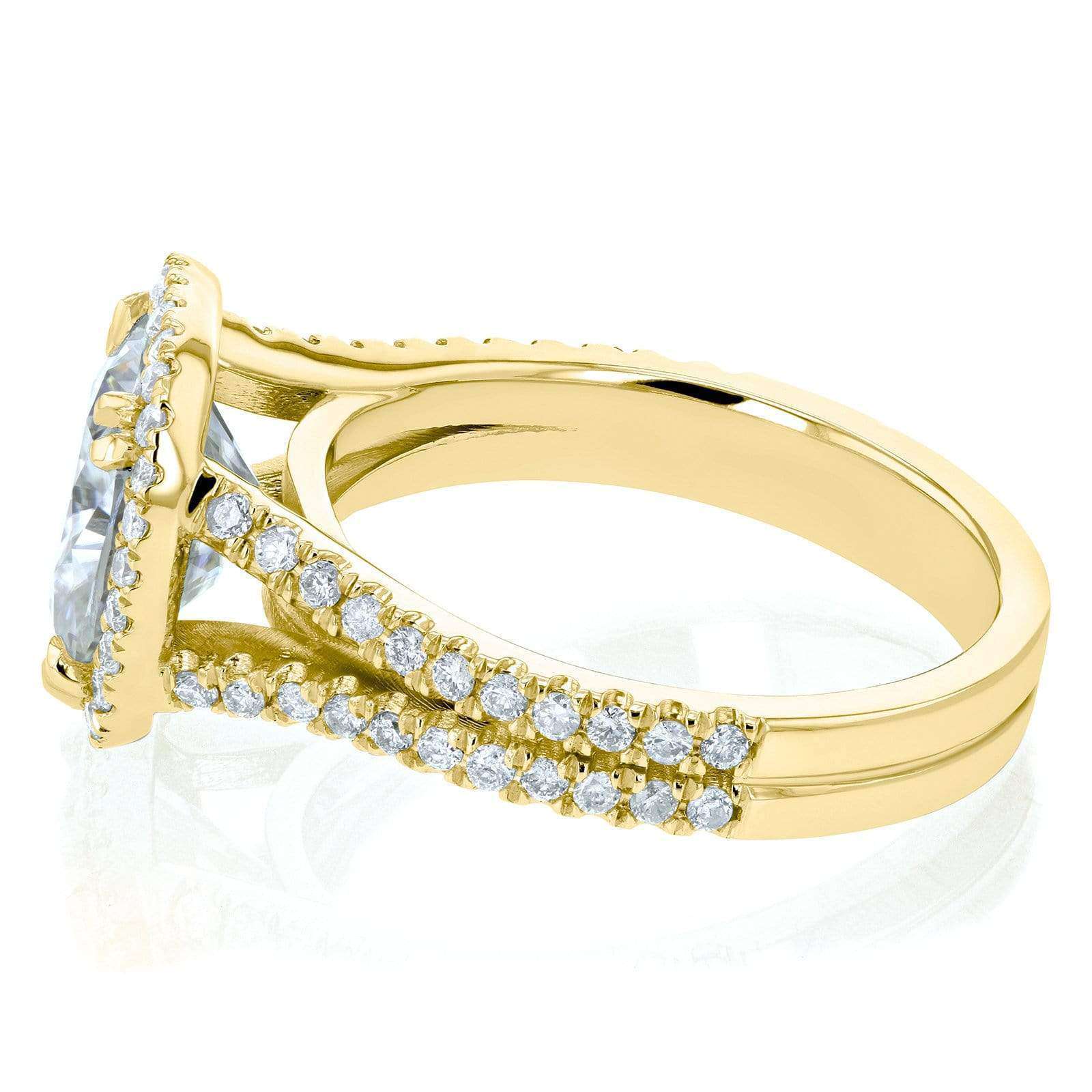 Kobelli Cushion H-I Moissanite with Diamond Split Shank Halo Engagement Ring 3 1/3 CTW 14k Yellow Gold